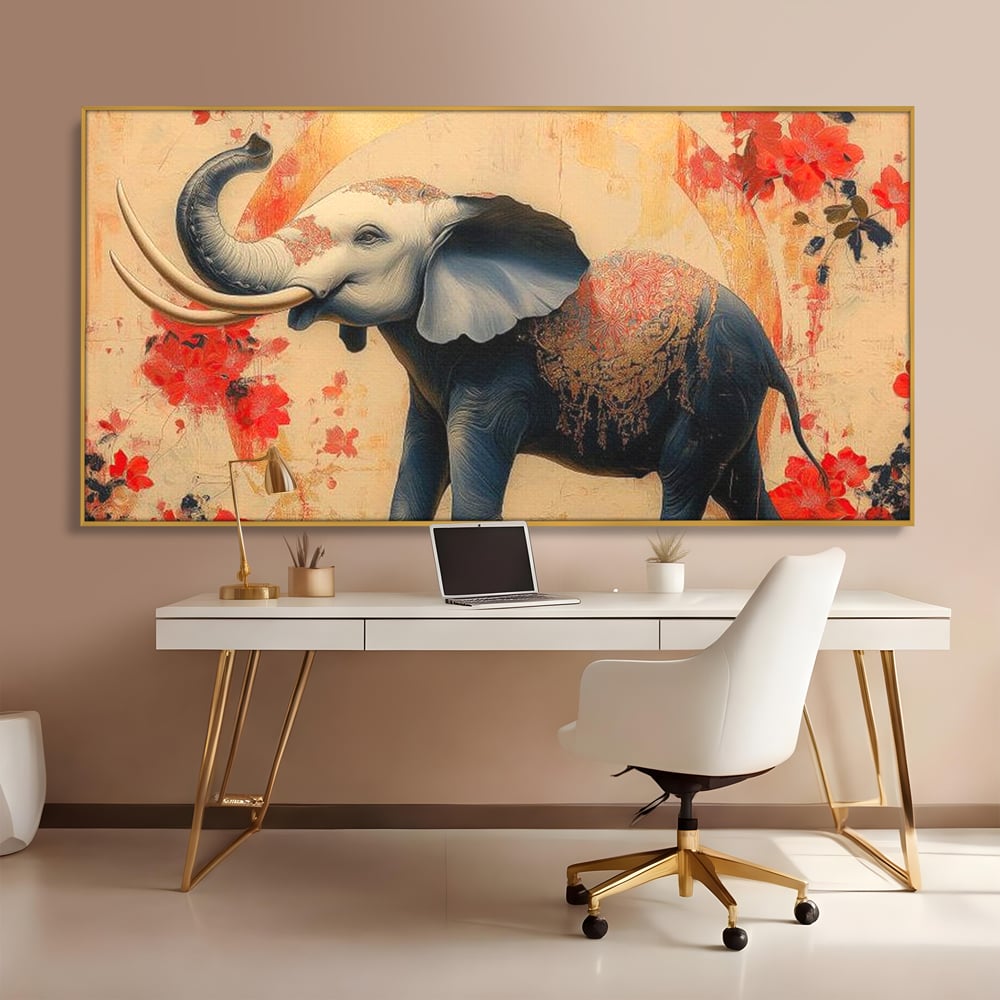 Tablou canvas cu tablou canvas cu elefant albastru, in rama de aluminiu auriu, pe perete intr-un birou